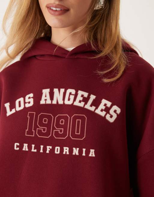 Miss Selfridge – Kapuzenpullover in Burgunderrot mit „Los Angeles“-Print, 4 von 4