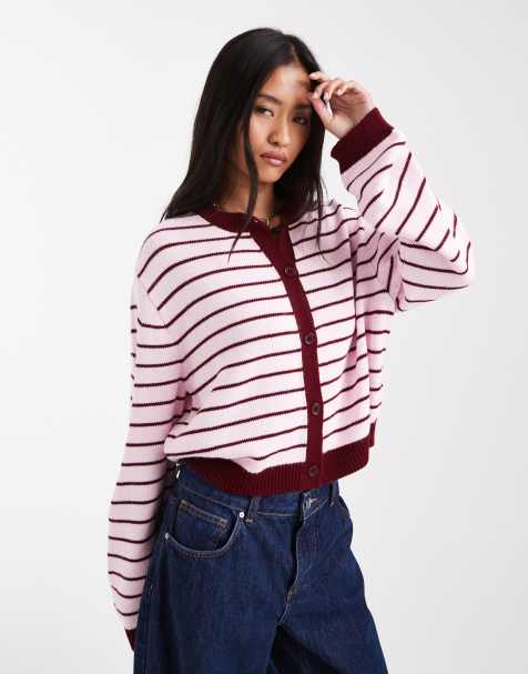 Miss Selfridge knit cardigan in soft pink and burgundy stripe