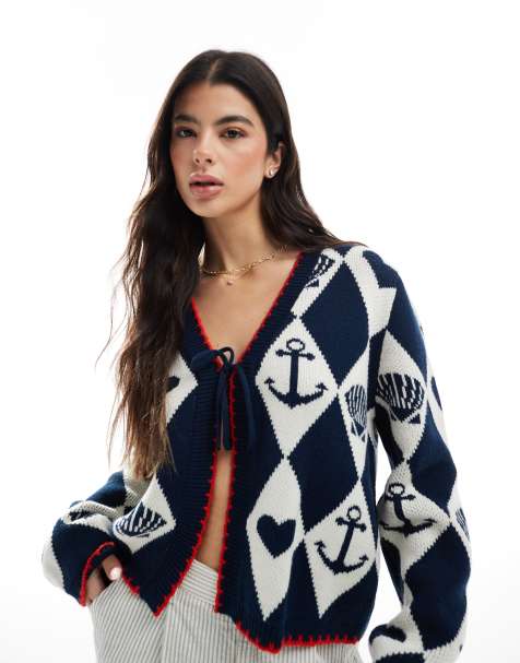 Miss Selfridge – Kardigan z granatowym żakardowym marynistycznym wzorem - view 1