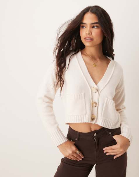 Miss Selfridge – Kastige Strickjacke in Creme mit Ziernähten - view 1