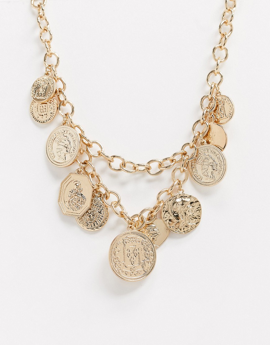 Miss Selfridge - Ketting met meerdere rijen en muntje in goud