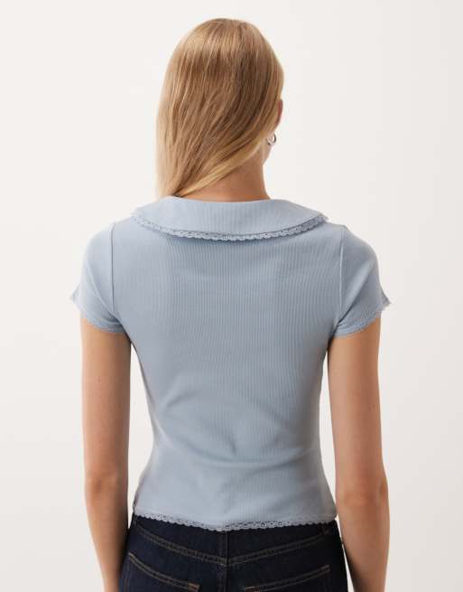 Miss Selfridge keyhole button up rib shirt in blue, 4 of 4
