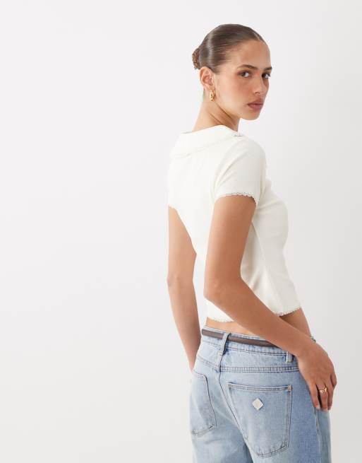 Miss Selfridge keyhole button up rib shirt in cream, 4 of 4