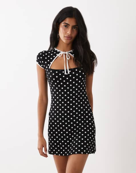 Miss Selfridge keyhole dress with contrast binding in polka dot print - view 1