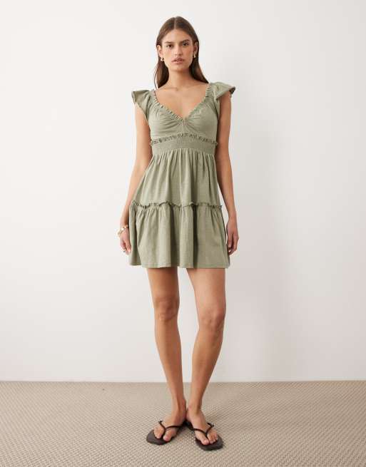 Miss Selfridge - Khaki smock-kjole med flagrende ærmer, 2 af 4