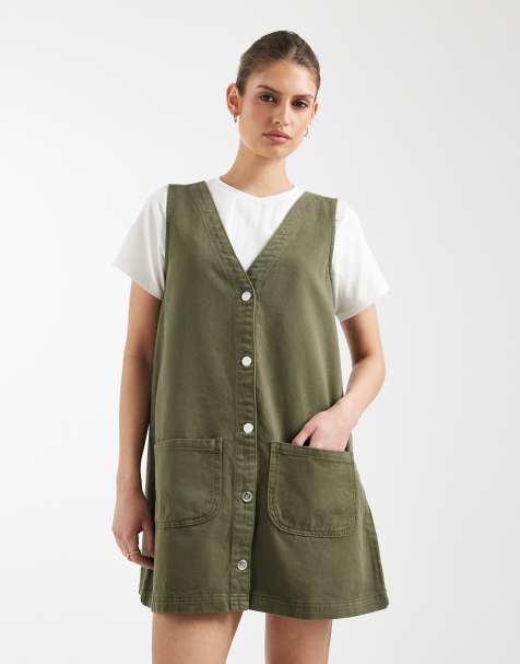 Miss Selfridge – Khakifärgad förklädesklänning i denim - view 1