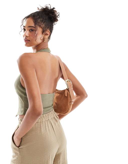 Miss Selfridge – Khakifärgad kostymväst i linneblandning med halterneck, 3 av 4