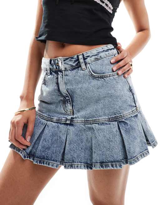 Miss Selfridge - Kilt-denimnederdel med hjertelommer i blå syrevask