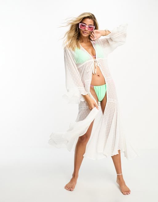 Miss Selfridge Kimono da mare a balze in chiffon plumetis color