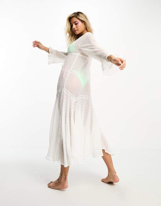 Miss Selfridge - Kimono de plage en mousseline à pois et dentelle - Ivoire 