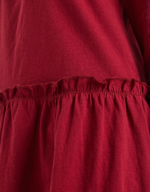 Miss Selfridge - Kirsebærfarvet minikjole med smock og flæser, 3 af 4