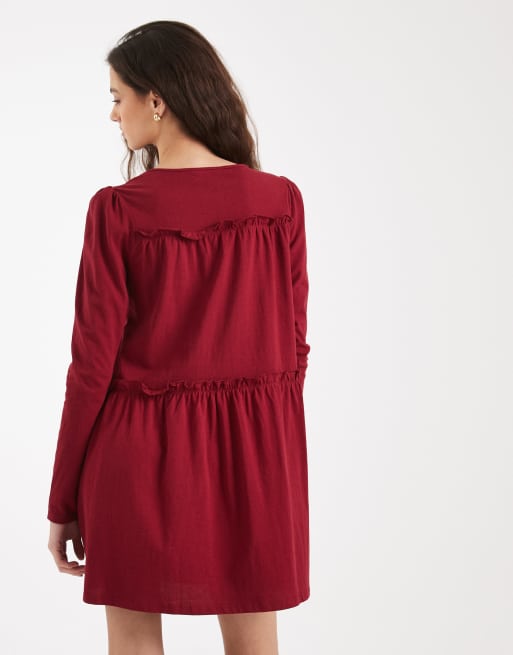 Miss Selfridge - Kirsebærfarvet minikjole med smock og flæser, 4 af 4
