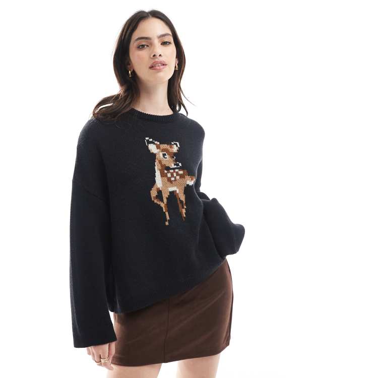 Miss Selfridge knit baby deer sweater in navy | ASOS