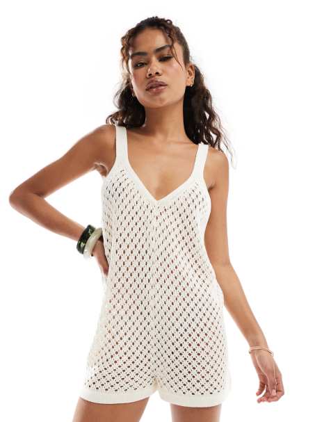 Miss Selfridge knit beach romper in cream - view 1