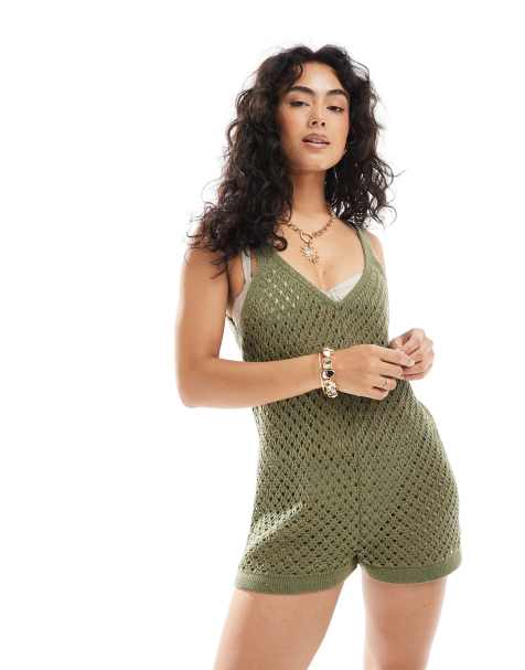 Miss Selfridge knit beach romper in khaki green - view 1