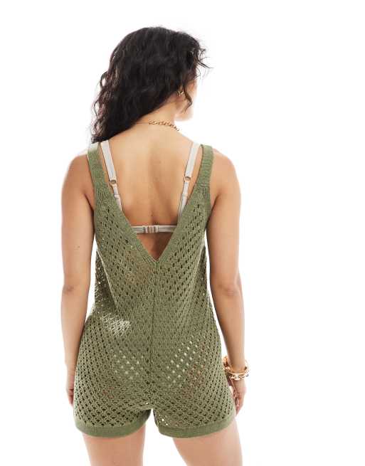 Miss Selfridge knit beach romper in khaki green, 3 of 4