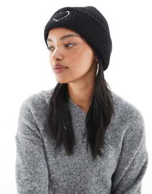 Miss Selfridge Knit Beanie Hat With Heart Embroidery In Blue