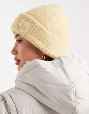 Miss Selfridge Knit Beanie Hat With Heart Embroidery In Yellow