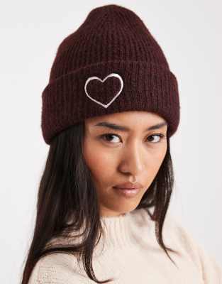 Miss Selfridge Knit Beanie Hat With Heart Embroidery In Burgundy