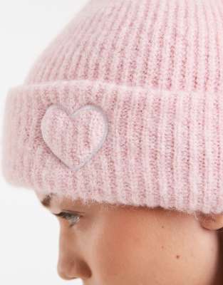 Miss Selfridge Knit Beanie Hat With Heart Embroidery In Pink