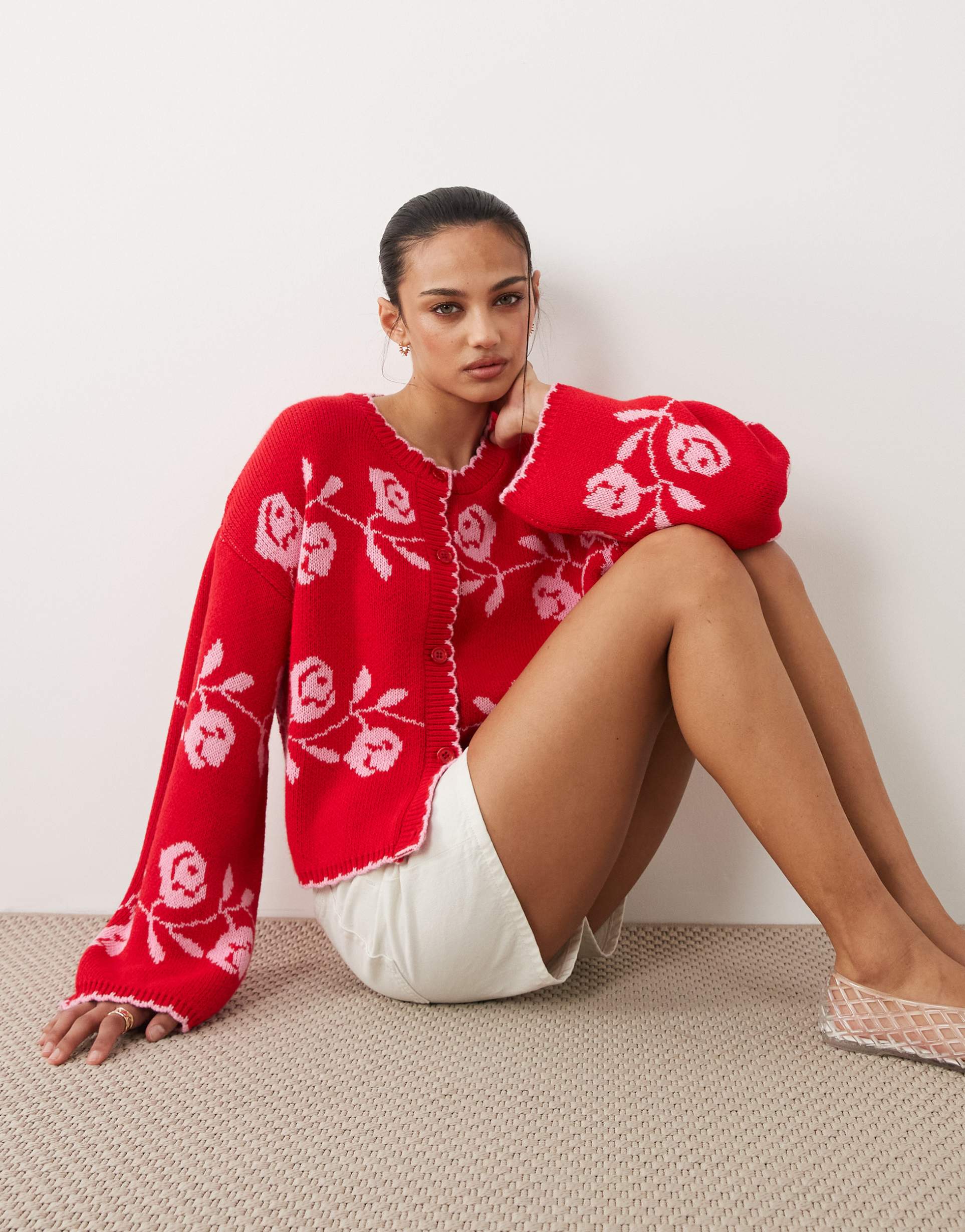 miss selfridge knit blanket stitch cardigan with florals in red
