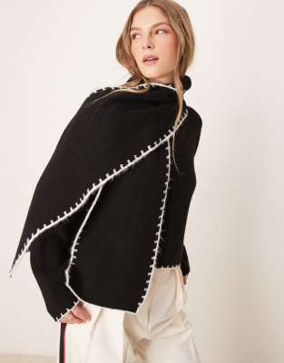 Miss Selfridge Knit Blanket Stitch Sweater With Scarf In Black