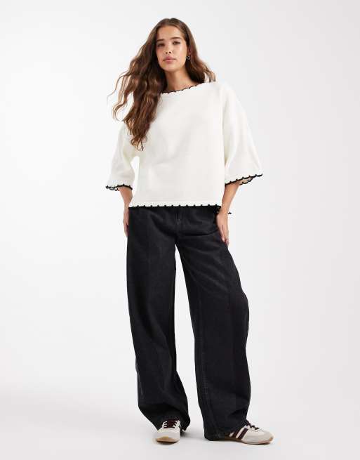 Miss Selfridge knit blanket stitch T-shirt in cream, 2 of 4