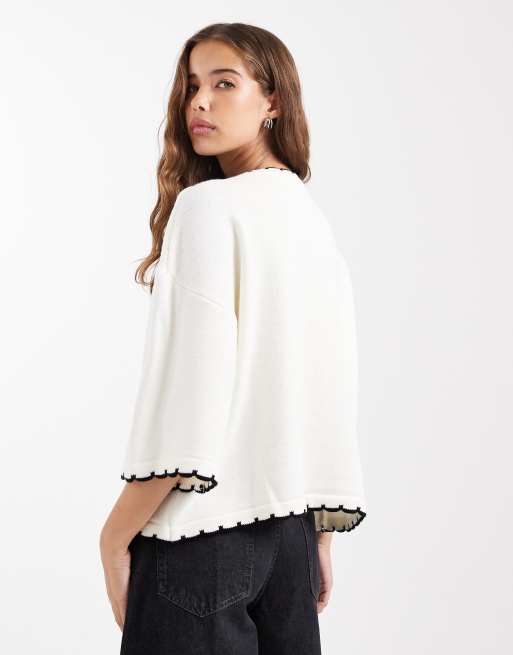 Miss Selfridge knit blanket stitch T-shirt in cream, 3 of 4