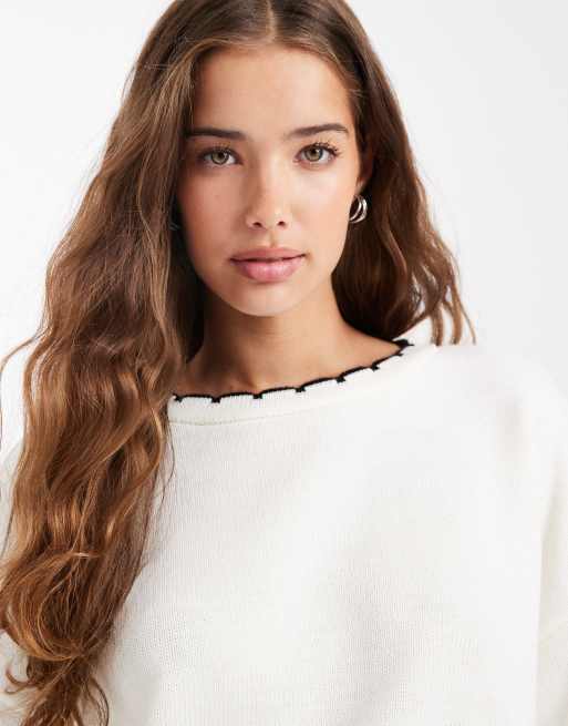 Miss Selfridge knit blanket stitch T-shirt in cream, 4 of 4