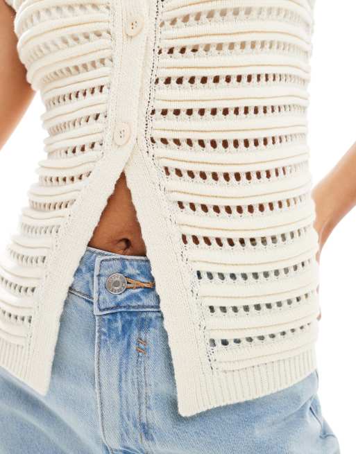 Miss Selfridge knit button down vest in cream, 3 of 4