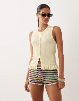 Miss Selfridge Knit Button Front Top With Peplum Hem In Yellow