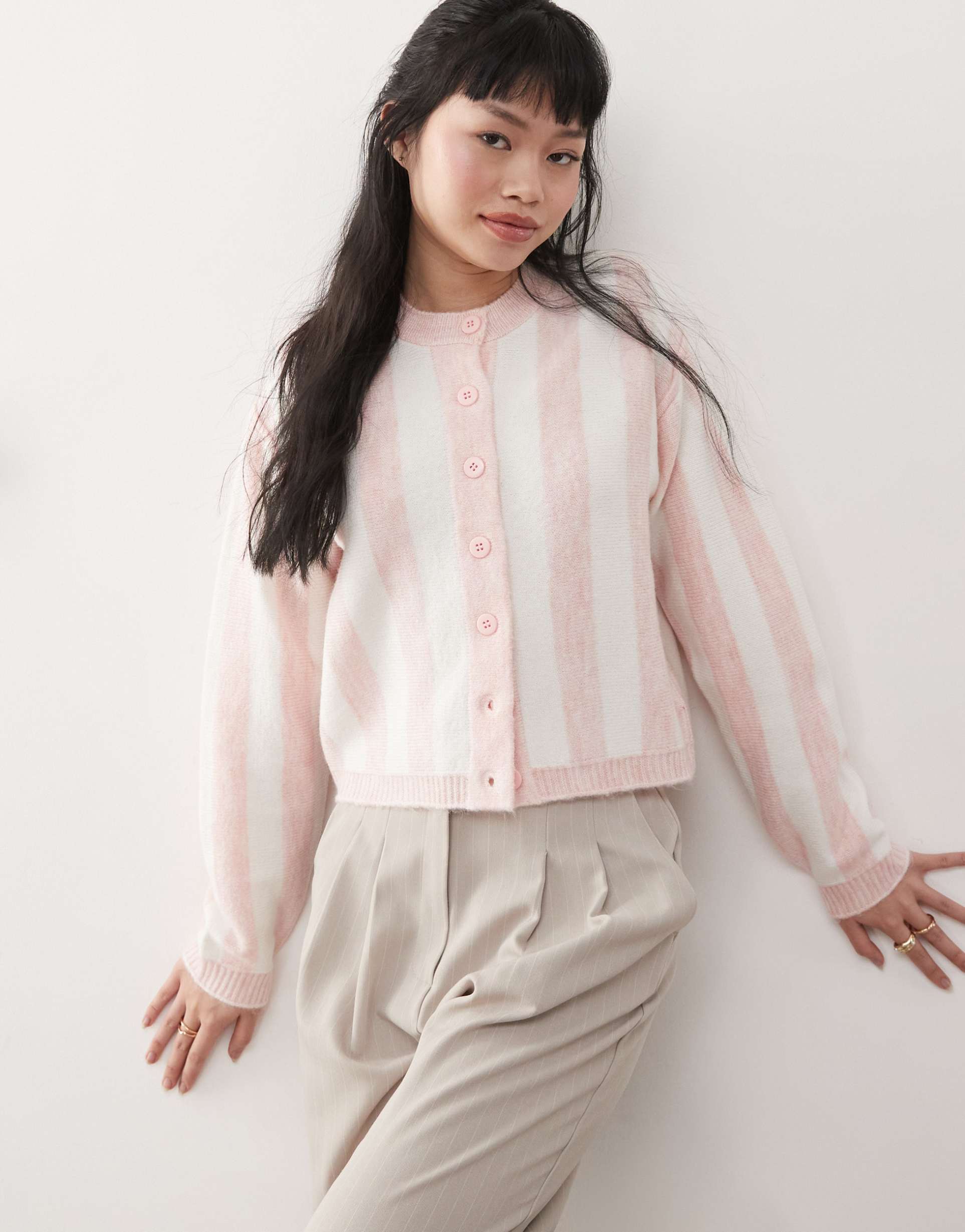 miss selfridge knit cardigan in pink stripe