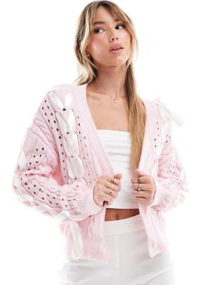 knit cardigan with satin bows in soft pink