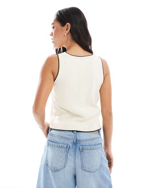 Miss Selfridge knit contrast blanket stitch vest in cream