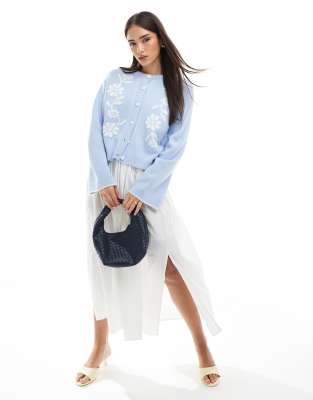 Shop Miss Selfridge Knit Contrast Floral Jacquard Cardigan In Blue