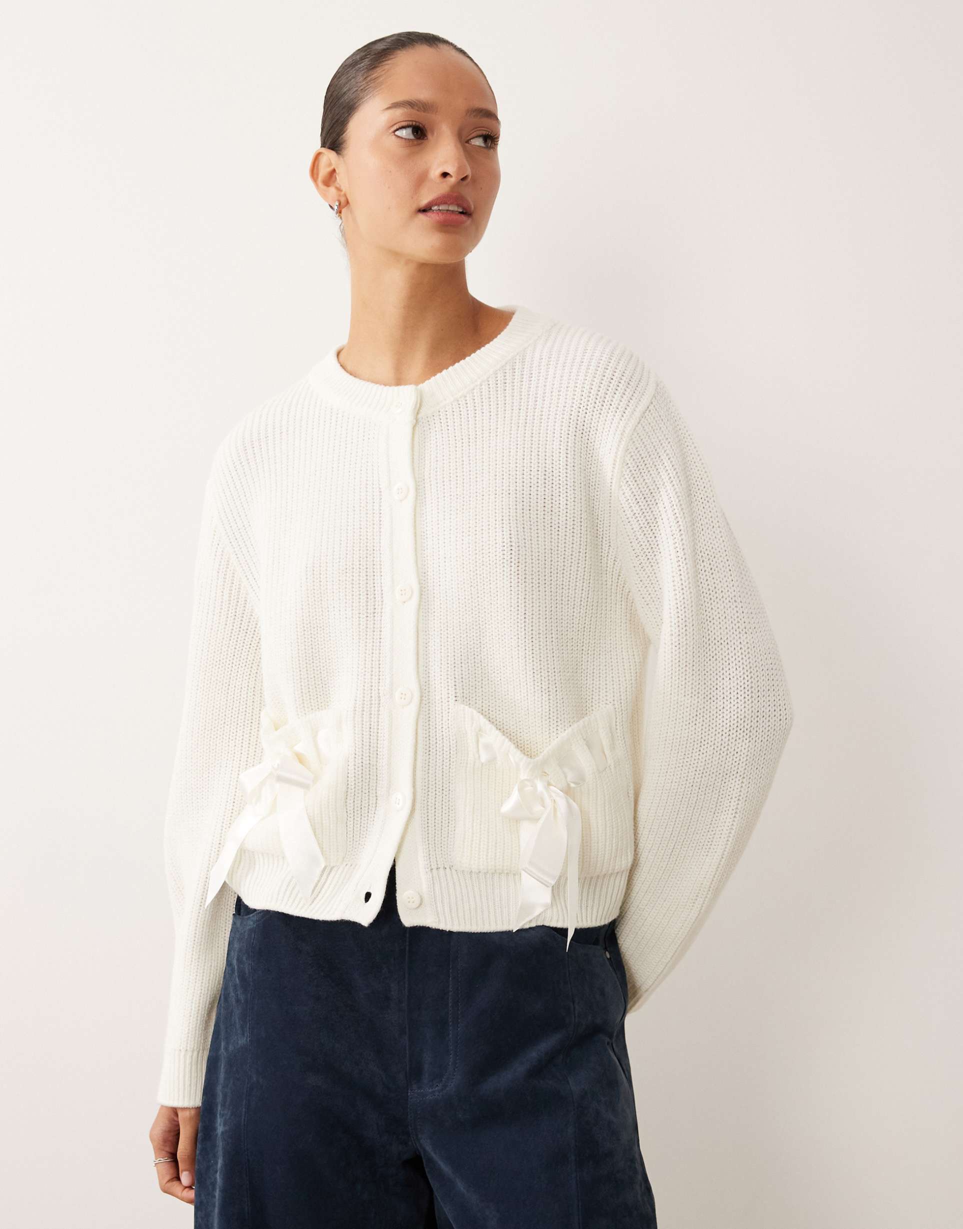 miss selfridge knit crew cardigan with bow pocket detail