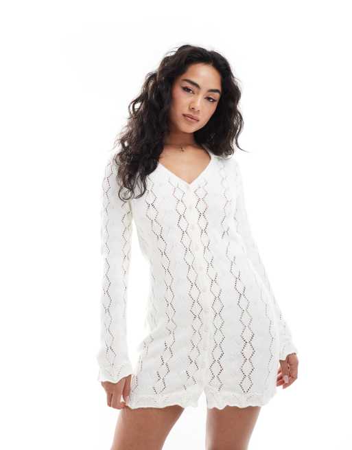 white christmas dresses Sorbet Cream Rib Knit Lace Up Back Mini Dress main image 1