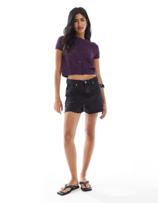 Miss Selfridge Knit Crochet Short Puff Sleeve Cardigan In Purple