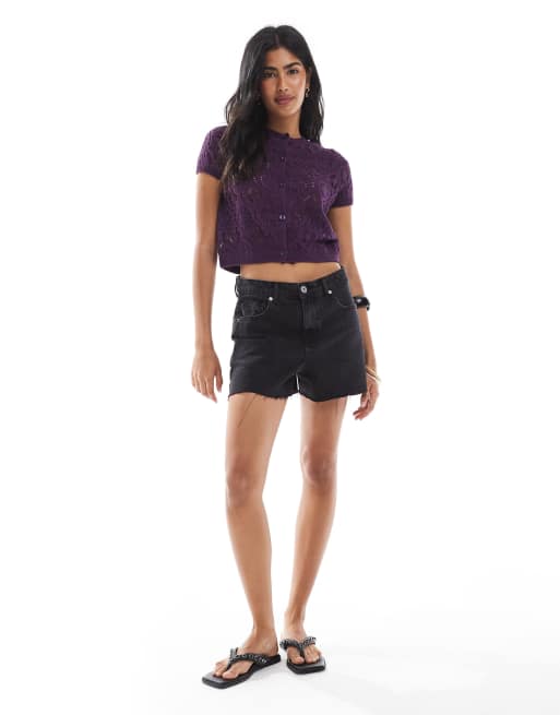 Miss Selfridge knit crochet short puff sleeve cardigan in plum, 2 of 4