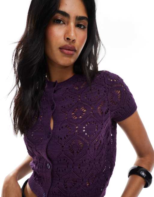 Miss Selfridge knit crochet short puff sleeve cardigan in plum, 3 of 4