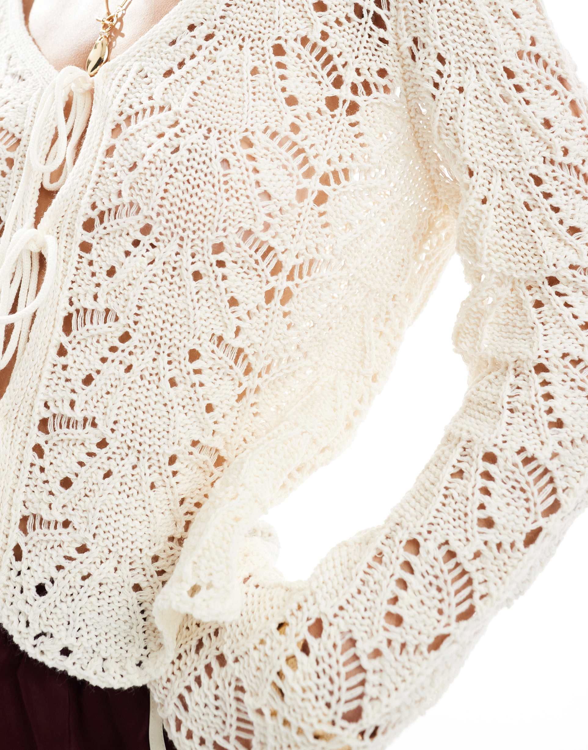 miss selfridge knit crochet tie front puff sleeve top in cream