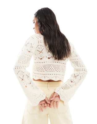 Miss Selfridge Knit Crochet Tie Front Shrunken Cardigan In White