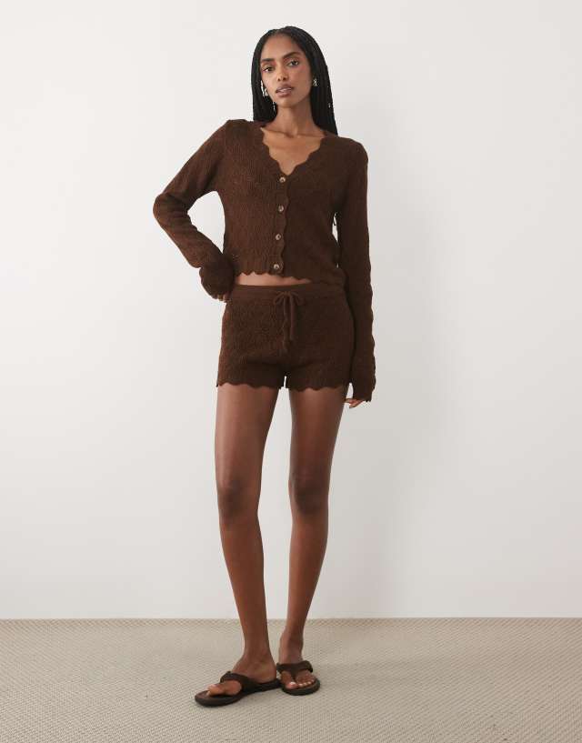 Miss Selfridge knit crochet V-neck cardigan in chocolate brown