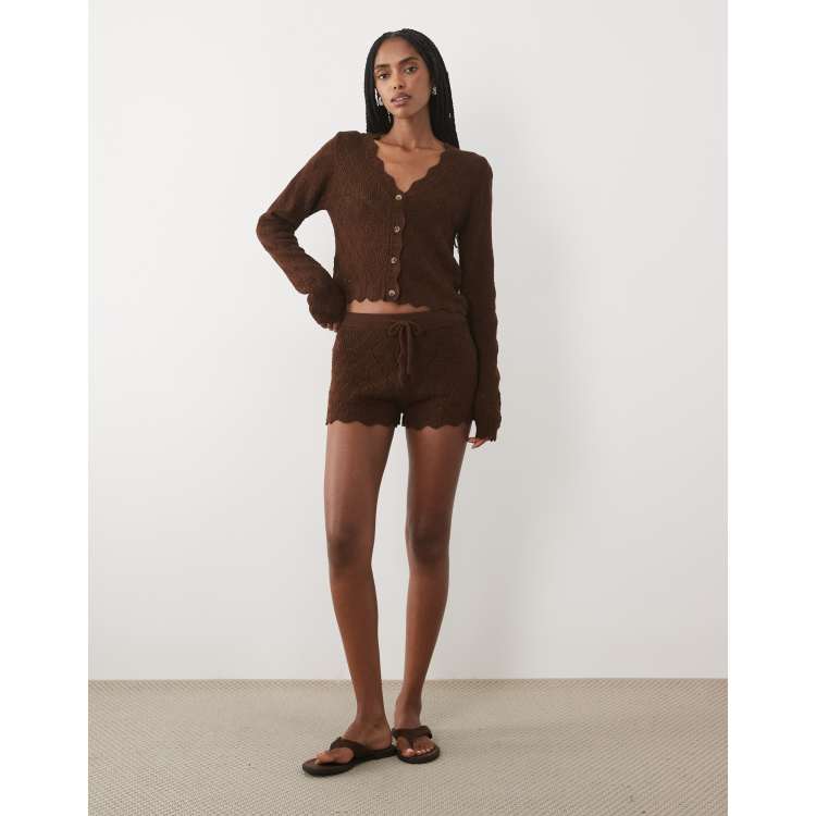 Miss Selfridge knit crochet V-neck cardigan & shorts set in