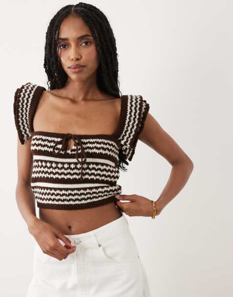 Miss Selfridge knit crop milkmaid top in cream and brown stripe. - view 1