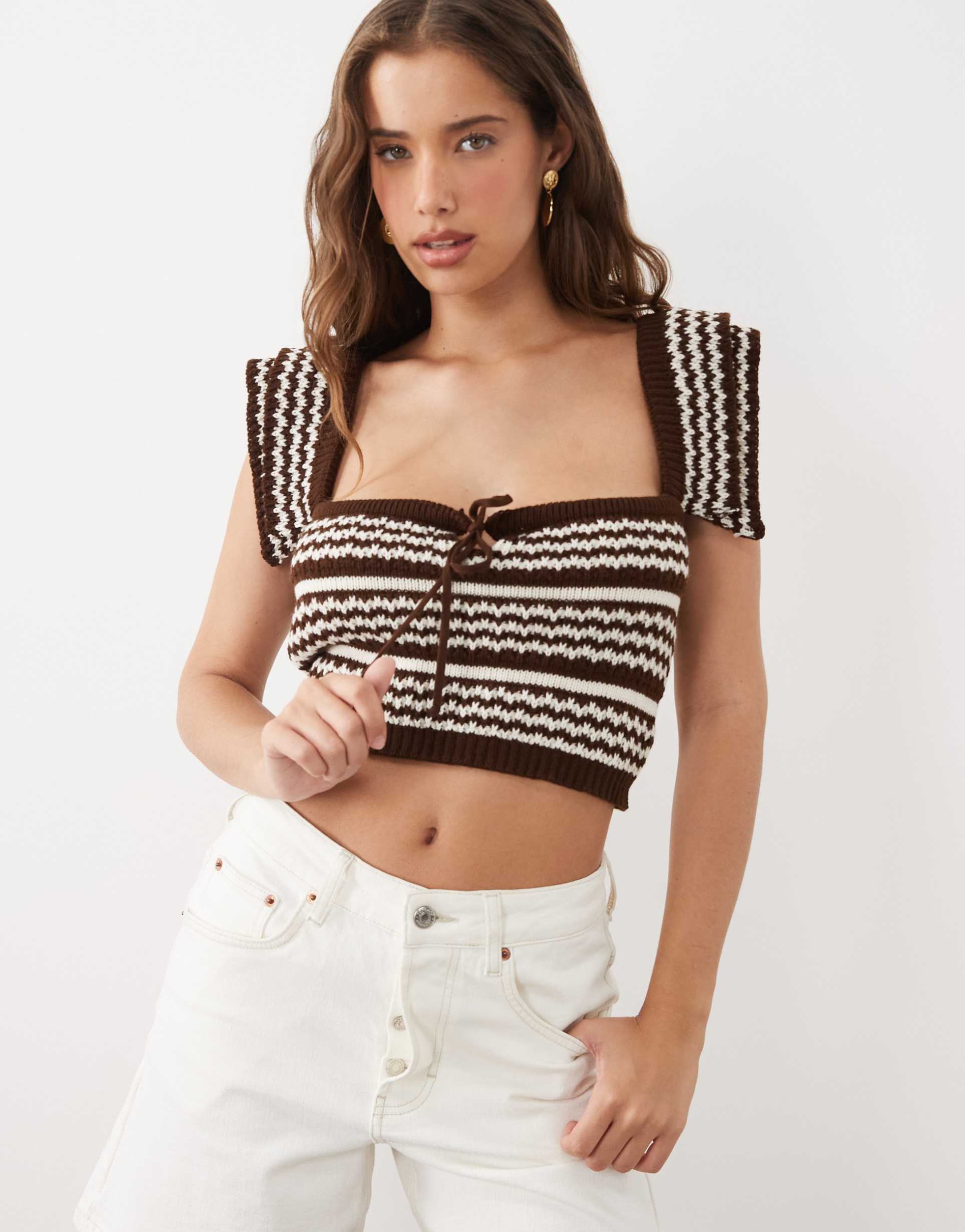 miss selfridge knit crop milkmaid top in cream and brown stripe.