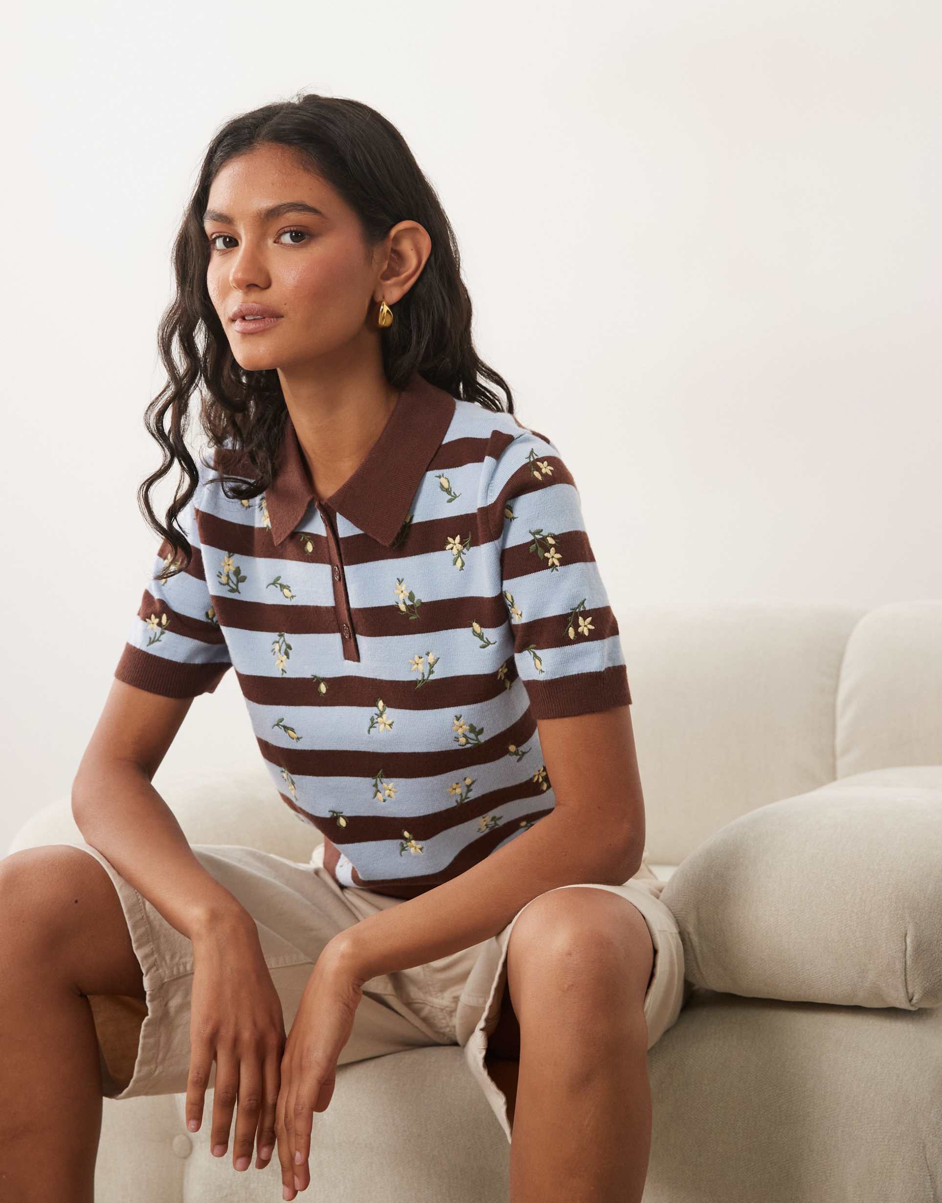 miss selfridge knit embroidered polo in choc striped print