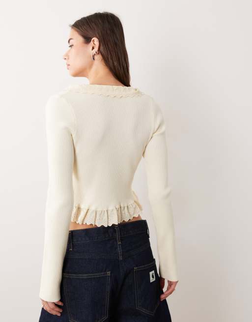 Miss Selfridge knit eyelet trim cardigan in cream, 3 of 4