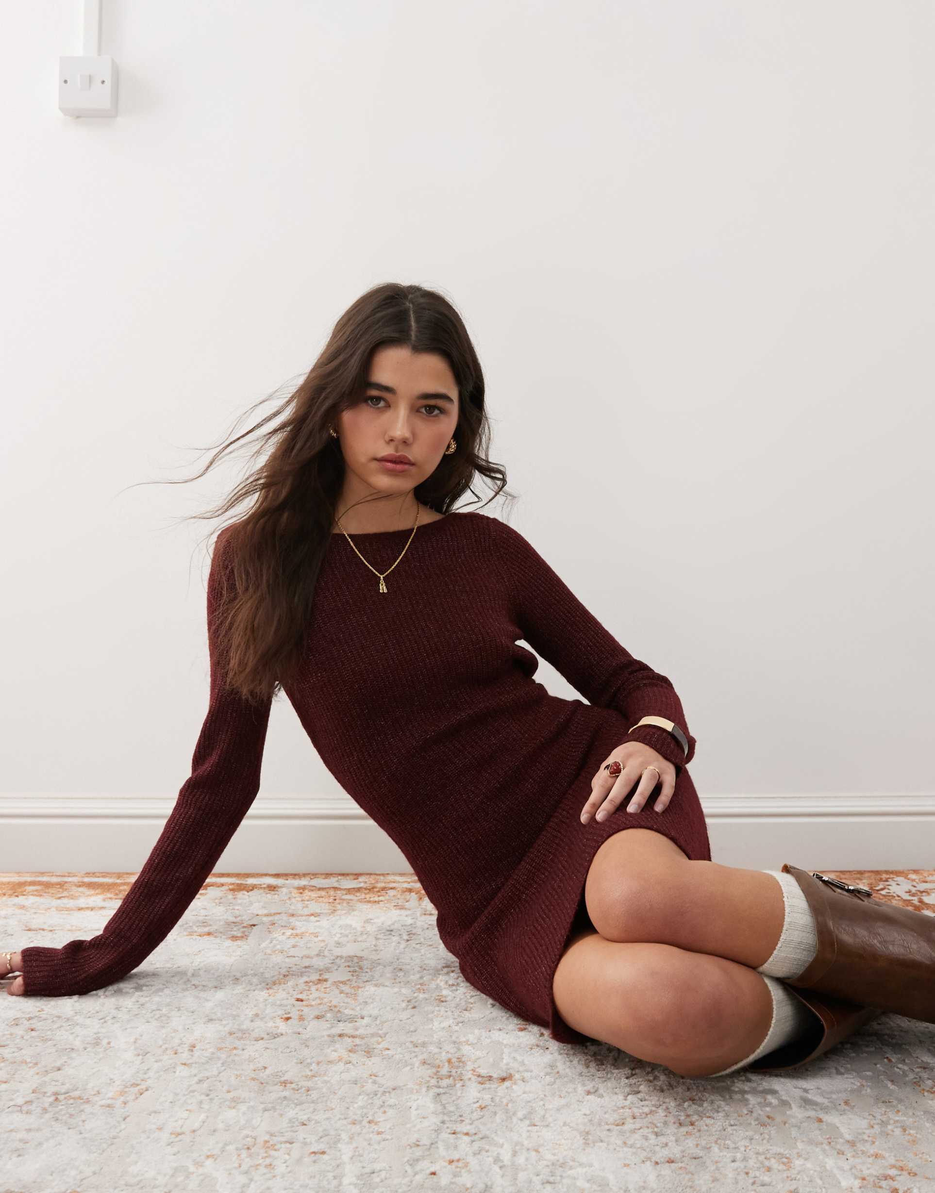 miss selfridge knit flippy dress in burgundy