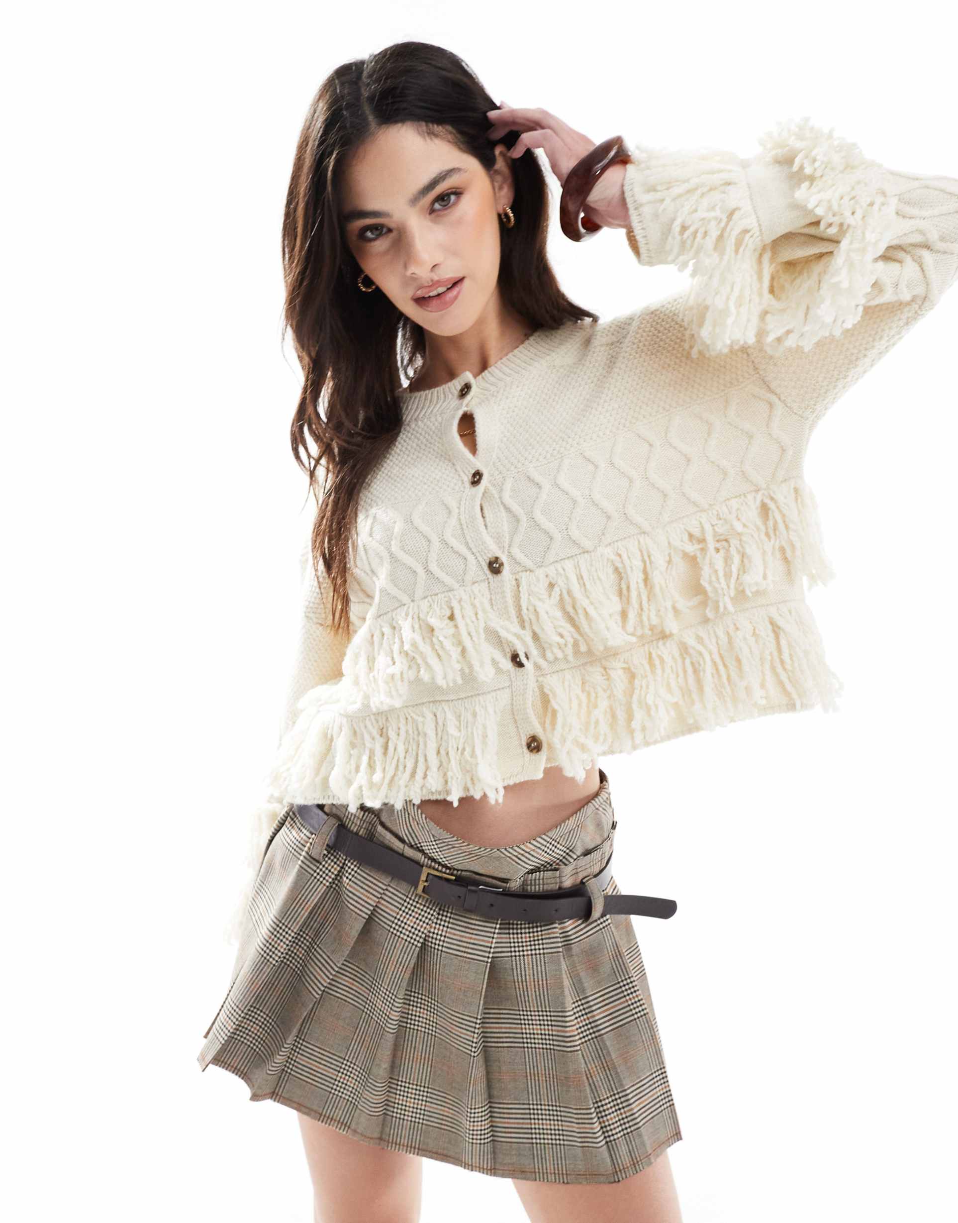 miss selfridge knit fringe boho cardigan in cream
